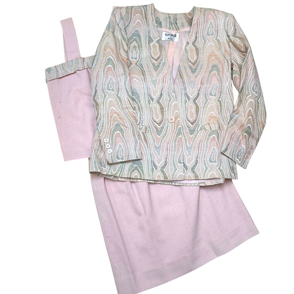 Vintage Kasper for ASL 3 Piece Skirt Suit Set Pink Abstract Jacquard Sz 8 90s